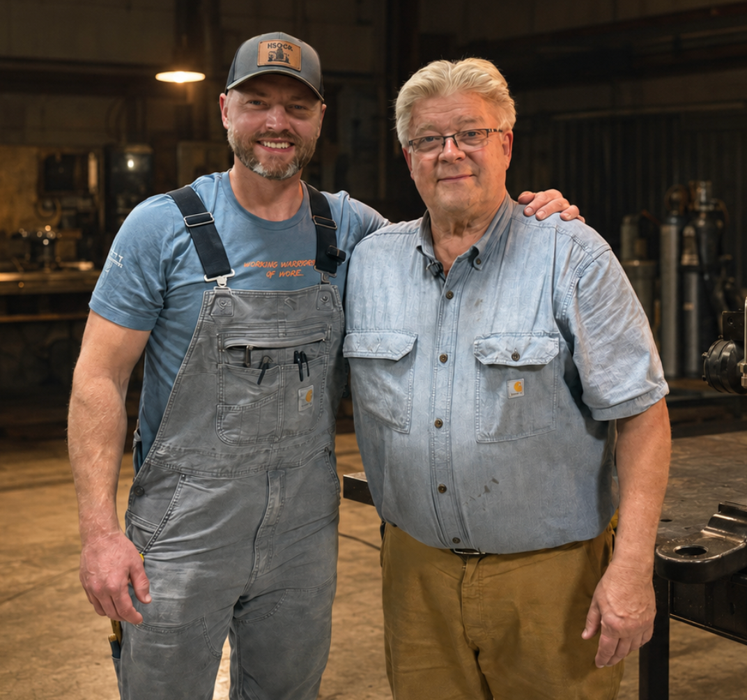 CEO Kory Anderson with his father Kevin Anderson, founder of Anderson Torpedo Hitch, standing in a farm field at golden hour